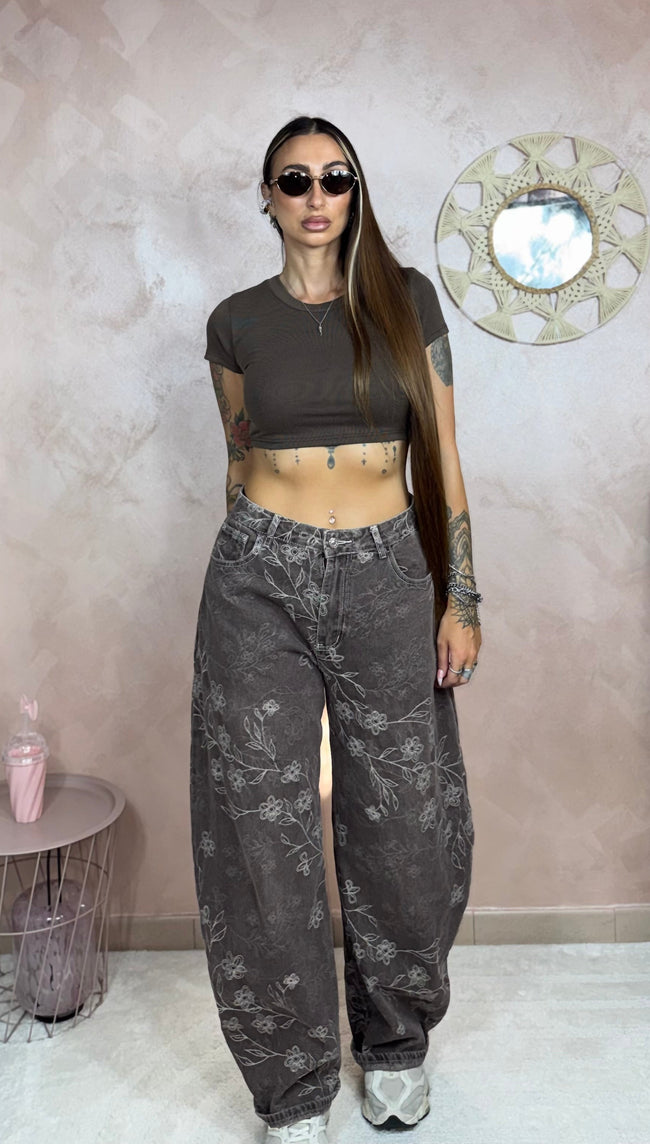 Jeans Balloon Flower Brown